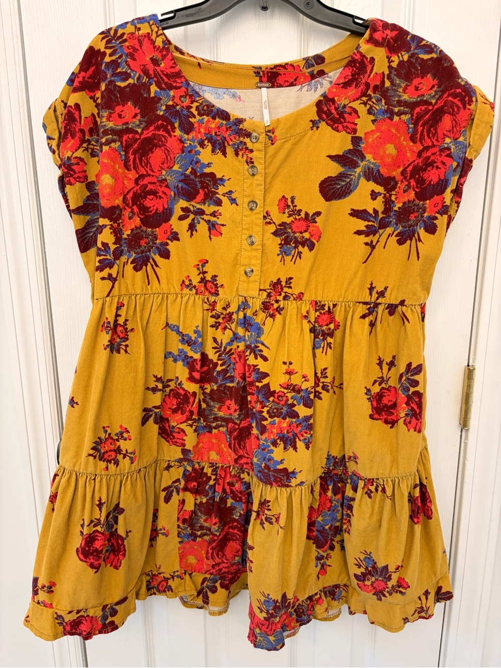 Free People Mustard Floral Tiered Dress with Red and Blue Accents